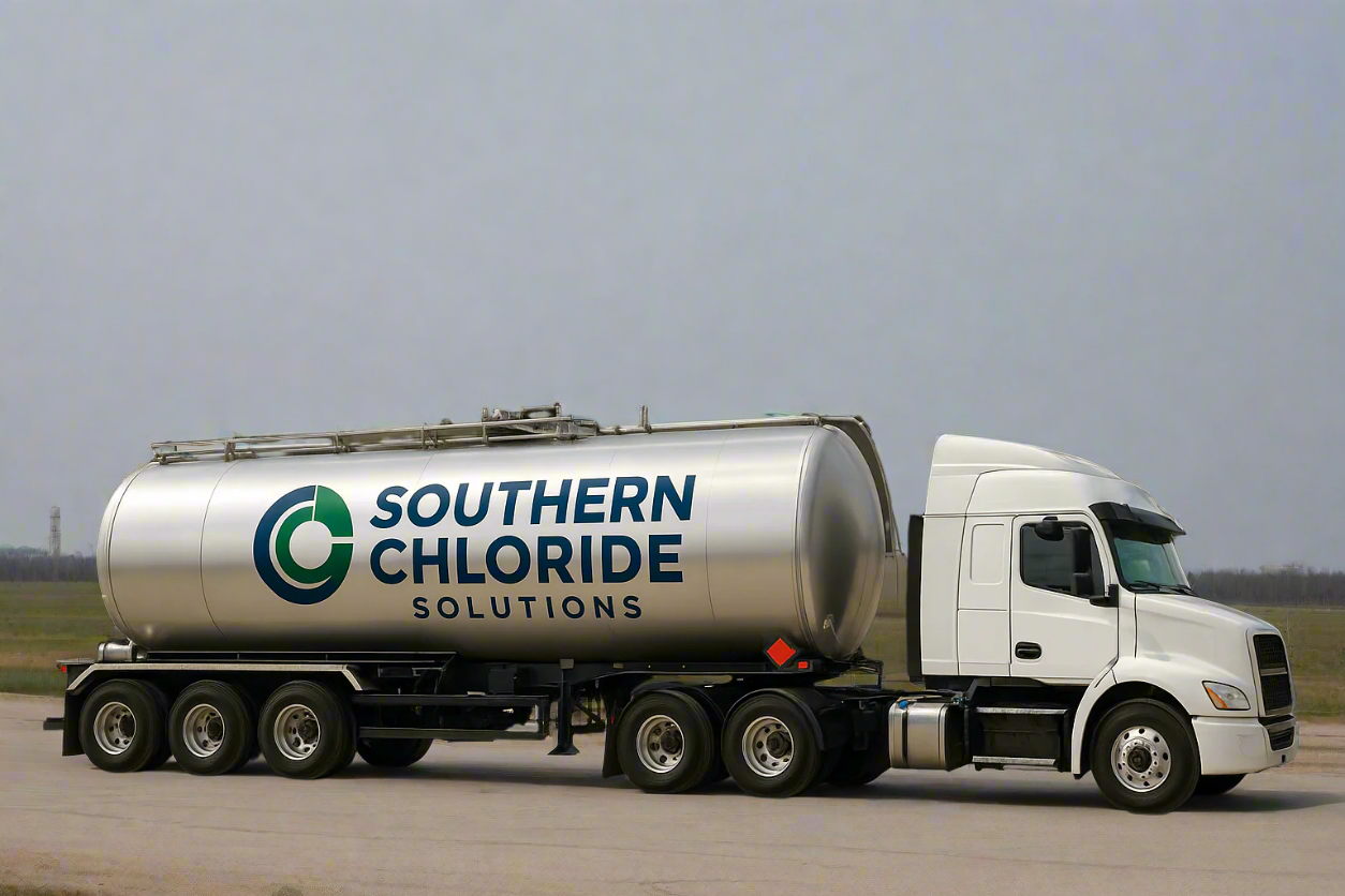 A tanker truck in front of concrete tanks, with Lable "Southern Chloride Solutions"